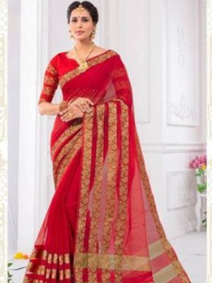 Red Cotton Silk Banarasi Silk Saree with Blouse Piece