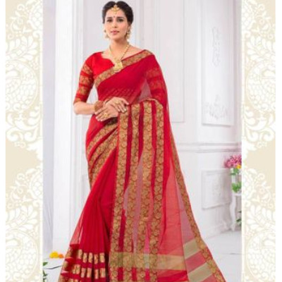 Red Cotton Silk Banarasi Silk Saree with Blouse Piece