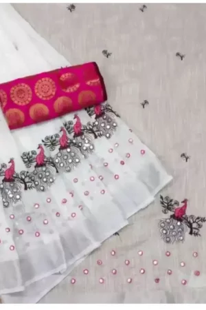 White Saree Pink Embroidered Mirror Work