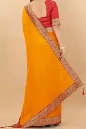 Yellow Silk Saree Red Embroidered Lace Border