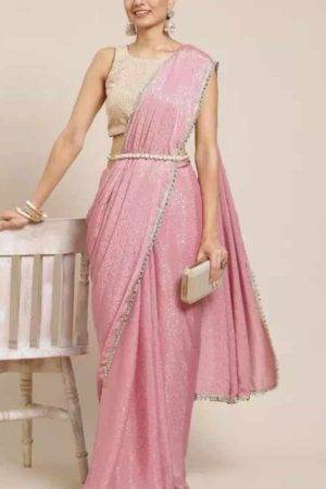 Buy Pink Crepe Saree Floral Work Lace Border Online
