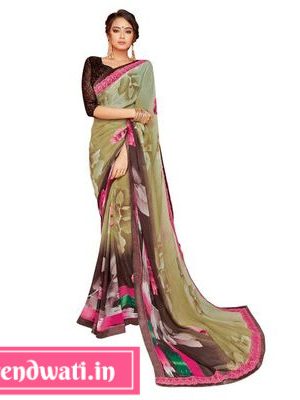Multi-Colored Brown Printed Chiffon Saree