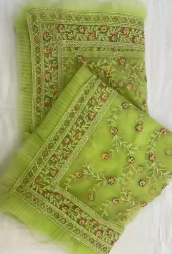 Pista Green Ruffle Saree Floral Chikankari Design