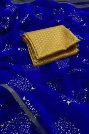Royal Blue Chiffon Saree Golden Work Border