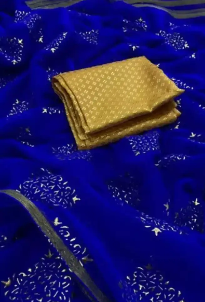 Royal Blue Chiffon Saree Golden Work Border