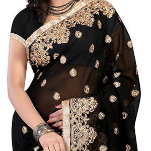 Stylish Black Georgette Embroidered Saree with Blouse Piece