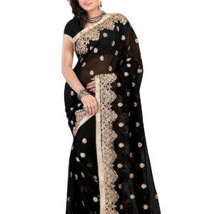 Stylish Black Georgette Embroidered Saree with Blouse Piece