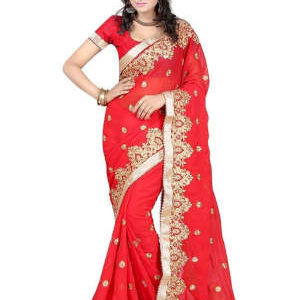 Red Georgette Embroidered Saree with Blouse Piece