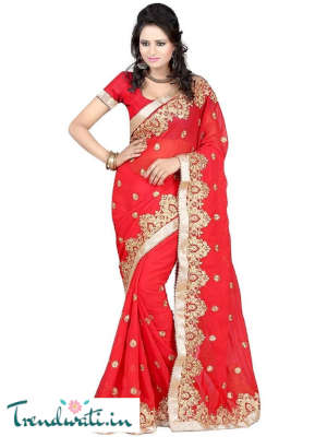 Red Georgette Embroidered Saree with Blouse Piece