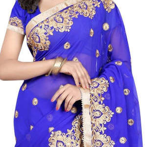 Trendy Blue Georgette Embroidered Saree with Blouse Piece