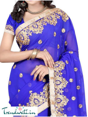 Trendy Blue Georgette Embroidered Saree with Blouse Piece