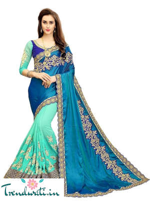 Blue Paper silk Embroidered Saree with Blouse