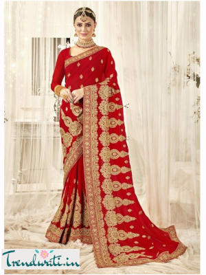 Bridal-Red Embroidered Georgette Saree
