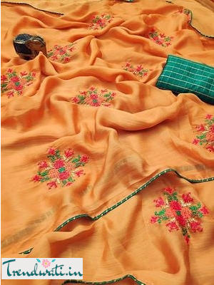 Piping Border Embroidered Chiffon Sarees