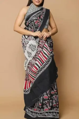 Black Red Floral Hand Printed Mulmul Cotton Saree