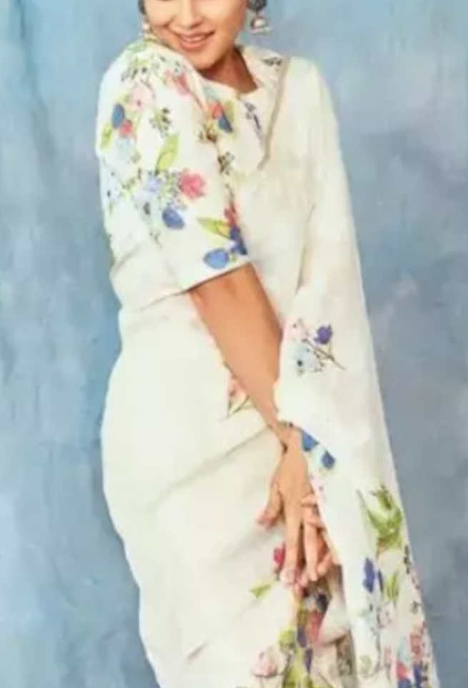 Buy White Linen Saree Floral Work Online