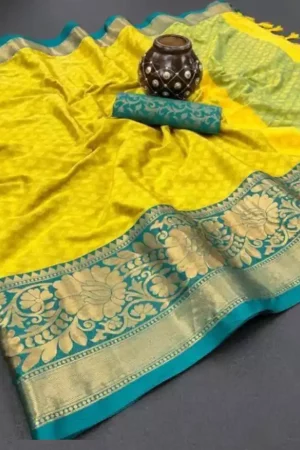 Yellow Butta Silk Saree Blue Golden Embroidered Floral Work Saree
