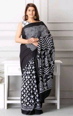 Trendy Black Mulmul Cotton Printed Saree