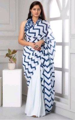 Blue & White Zigzag Cotton Mulmul Saree