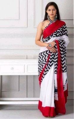 Red & Black Zigzag Cotton Mulmul Printed Saree