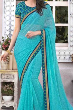 Blue Chiffon Saree With Embroidery Work