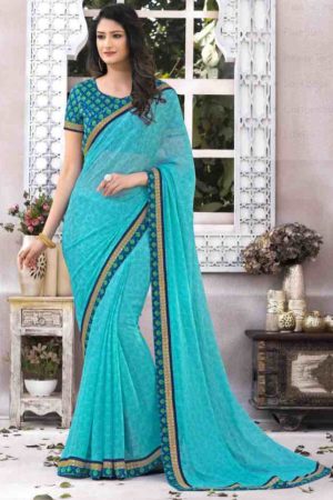 Blue Chiffon Saree With Embroidery Work