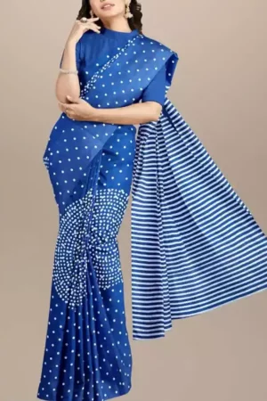 Blue Dotted & Geometry Hand Printed Mulmul Cotton Saree
