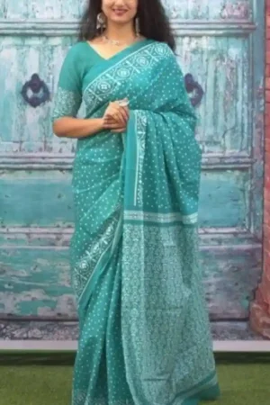 Cyan Blue Dotted Geometry Hand Printed Mulmul Cotton Saree