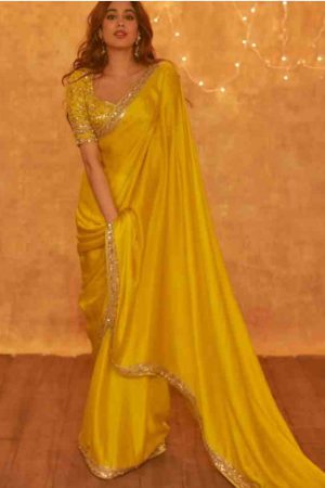 Janhvi Kapoor Yellow Chiffon Solid Embroidered Saree