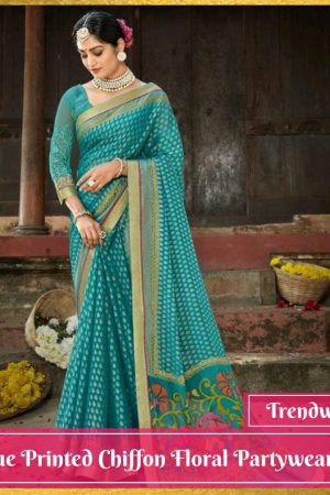 Blue Printed Chiffon Floral Party wear Saree