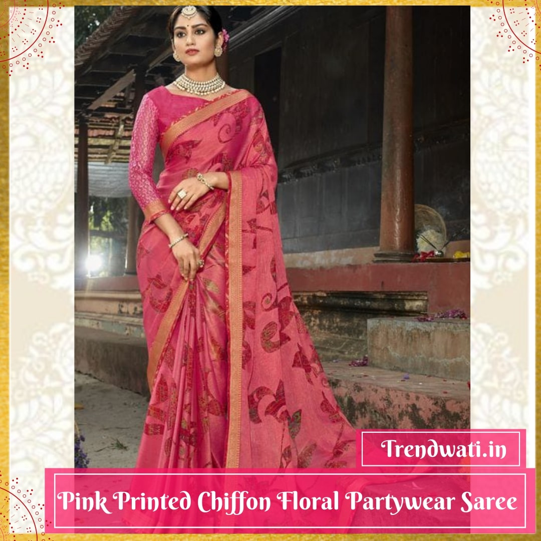 Pink Printed Chiffon Floral Party wear Saree