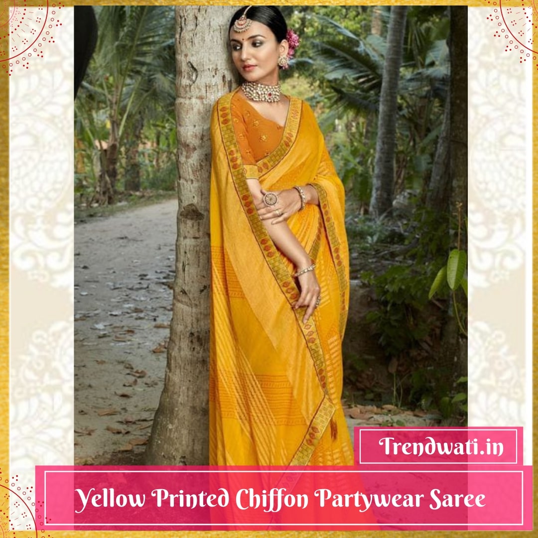 Yellow Printed Chiffon Party wear Saree