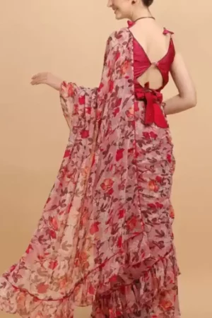Red Floral Ruffle Saree