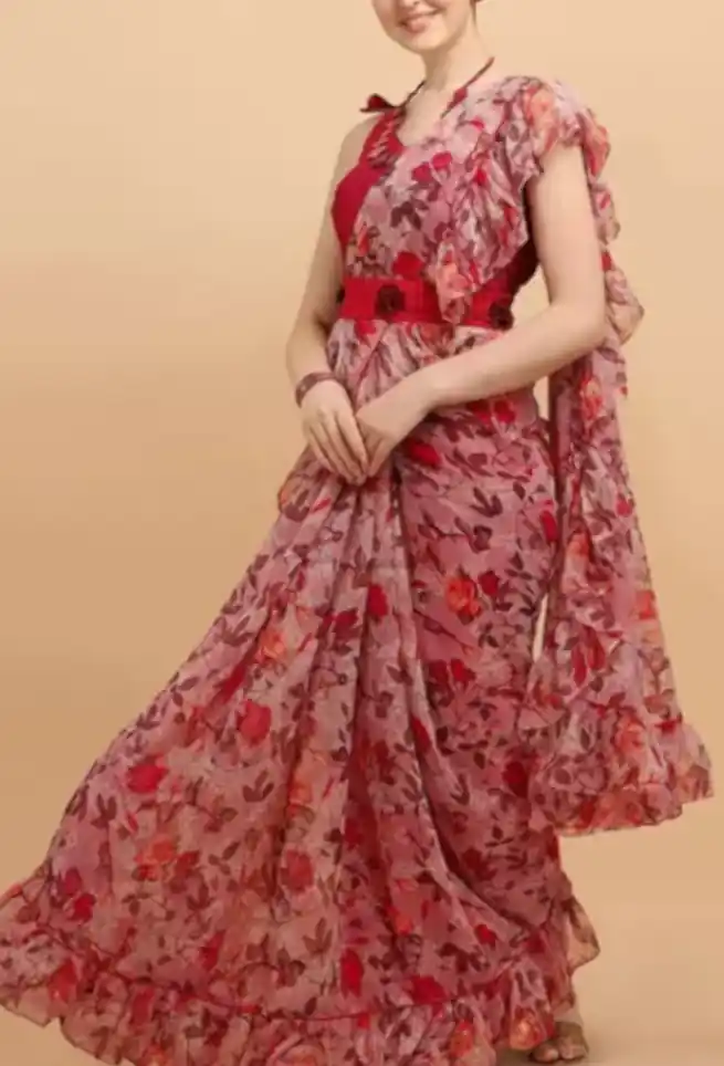 Red Floral Ruffle Saree