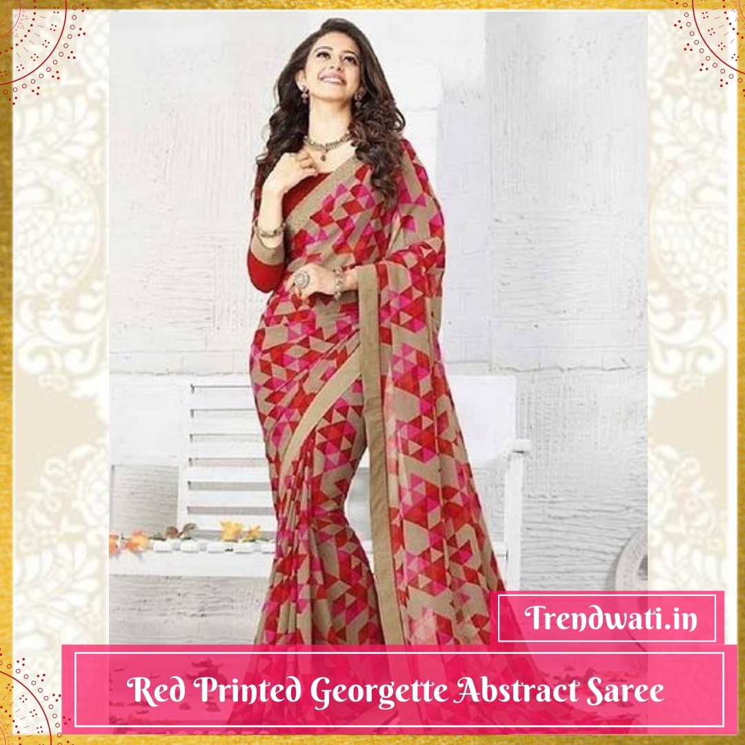 Red Printed Georgette Abstract Saree