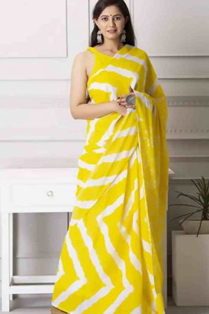 Yellow & White Zigzag Geometry Cotton Mulmul Printed Saree