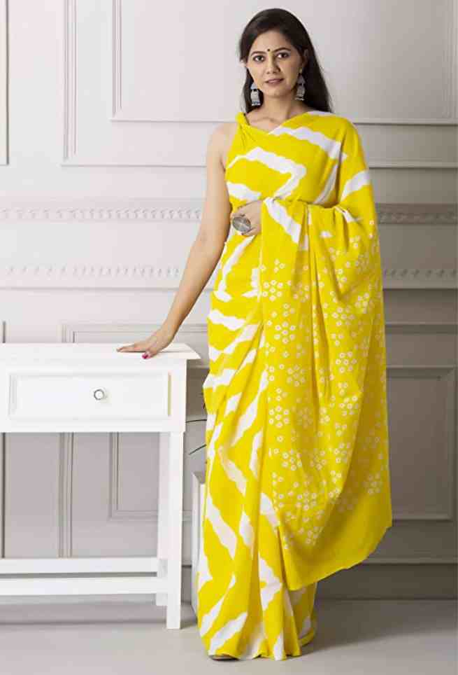 Yellow & White Zigzag Geometry Cotton Mulmul Printed Saree
