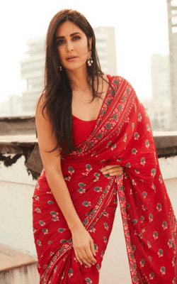 Exclusive Katrina Kaif floral red Mulmul cotton Saree 2022
