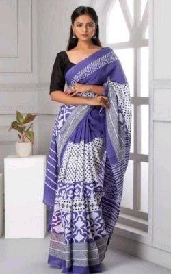 Purple Dotted Style Cotton Mulmul Printed Saree