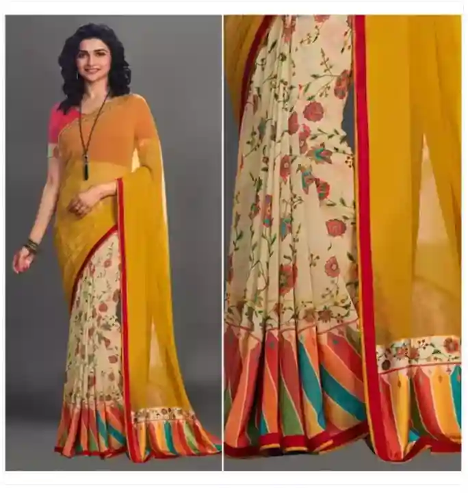 Yellow Printed Georgette Floral Saree