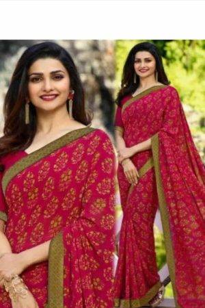 Buy Red Georgette Saree Floral Design Green Lace Online
