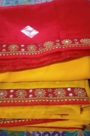 Yellow Georgette Saree Floral Mirror Red Border