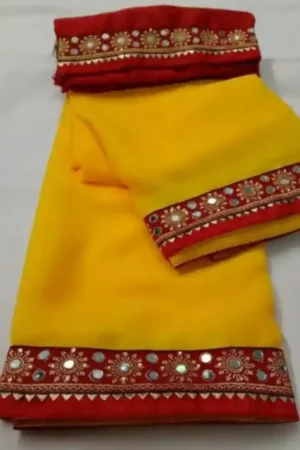 Yellow Georgette Saree Floral Mirror Red Border