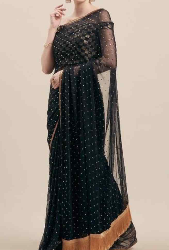 Black Solid Embellished Chiffon Saree