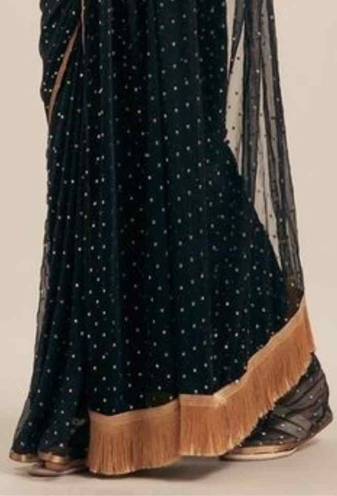 Black Solid Embellished Chiffon Saree