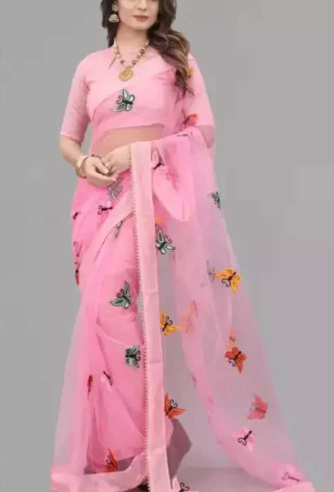 Buy Pink Net Saree with Butterfly Work Online