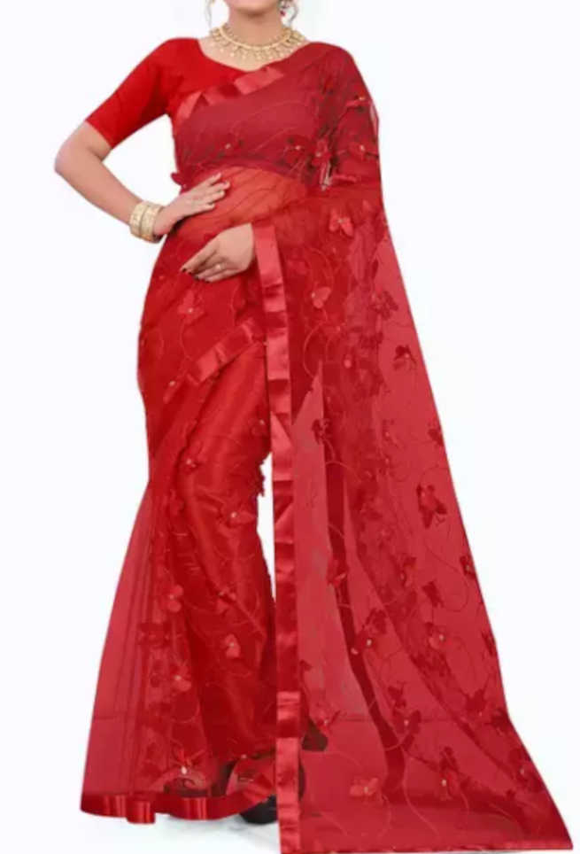 Buy Red Net Saree with Butterfly Work Online