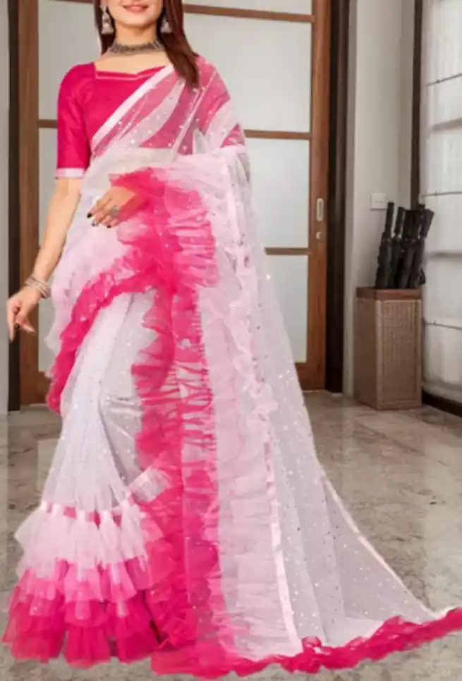 Embroidered Pink Net Saree Ruffle Lace