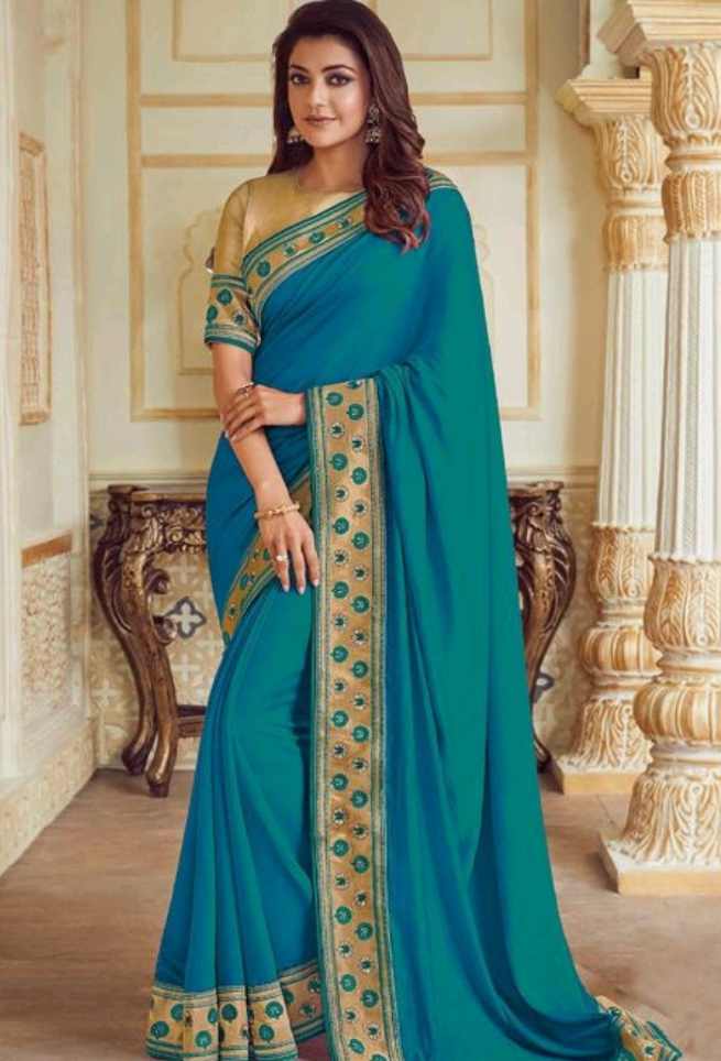 Kajal Aggarwal Blue Embroidered Art Silk Saree