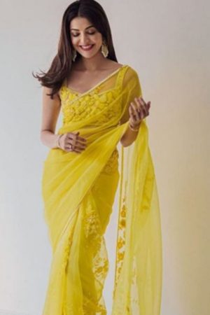 Kajal Aggarwal Yellow Net Embroidered Designer Saree(
